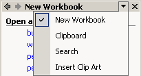 Pane: New Workbook - List of task panes available