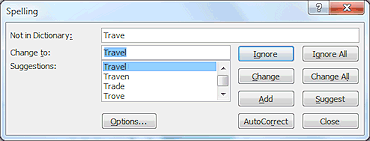 Dialog: Spelling - trave instead of travel (PowerPoint 2010)