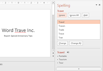 Pane: Spelling > Trave (PowerPoint 2013)