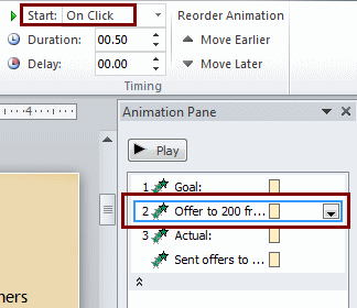 Effect 2 changed to Start = On Click (PowerPoint 2010)
