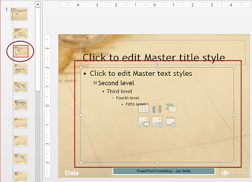 Slide Master view: Title and Content layout selected (PowerPOint 2013)