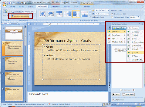Adding Fly In as an animation (PowerPoint 2007)
