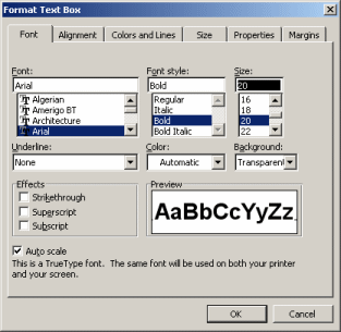 Dialog: Format Text Box | Font - size 20