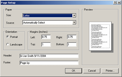 Dialog: Page Setup, for Notepad