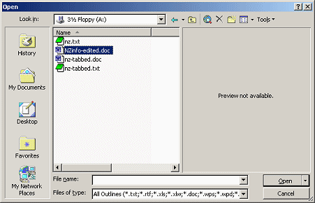 Dialog: Open - navigate to the Class disk and choose nz-edited.doc