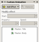 Task Pane: Custom Animation - Master slide effects listed