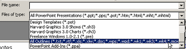 Dialog: Open - File types set for outlines