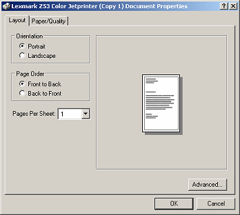 Dialog: Document Properties - Lexmark Z53 - Layout tab
