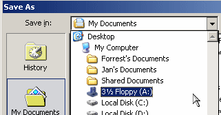 Dialog: Save As - Save in: list - Floppy disk drive