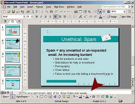 The slide Unethical: Spam has notes showing in the Notes Pane at the bottom.