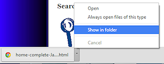 Status bar: downloaded file menu > Show in folder (Chrome 34)