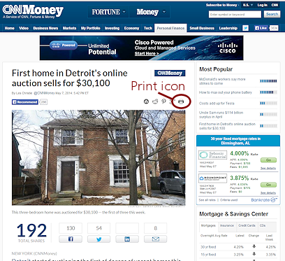 Example: web page with Print button > re-formats for print (money.cnn.com)