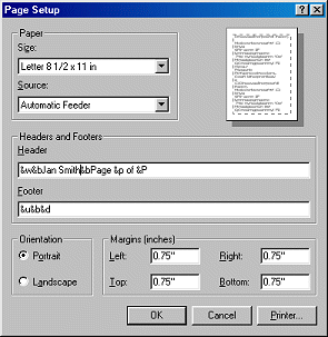 Dialog: Page Setup with entries