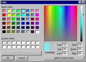 Color dialog in only 256 colors shows many dithered colors.