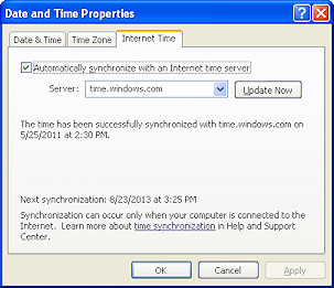 Dialog: Date and Time Properties > Internet Time tab (WinXP)