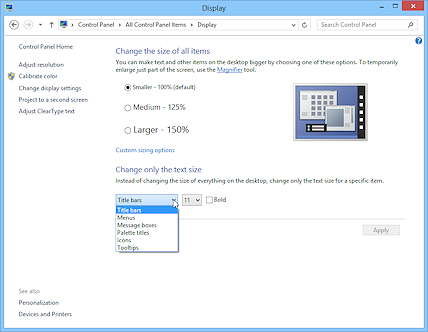 Dialog: Display - change text size (Win8)