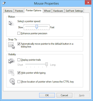 Dialog: Mouse Properties - Options tab (Win8)