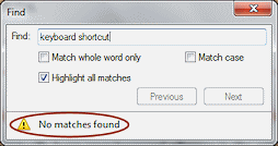 Dialog: Find on Page - No matches found (Win7)