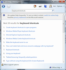 Help - Search 'keyboard shortcuts' - results (Win7)