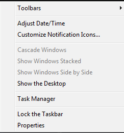 Right Click Menu: Taskbar (Vista)
