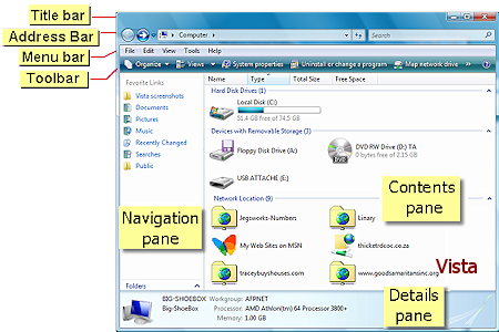 Default Computer window in Windows Vista - labeled