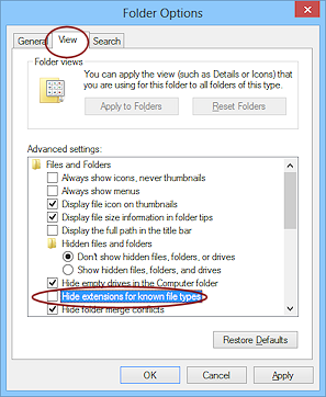 Dialog: Folder Options > View tab > Hide extensions for known file types (Win8)