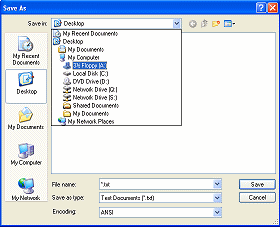 Dialog: Save As with drive A selected in drop list (WinXP)