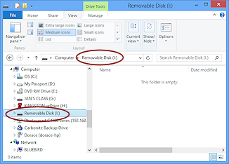 Contents of the selected USB drive show in the right pane (Win8)