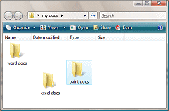 Computer window showing the folder my docs with its three subfolders (Vista)