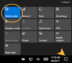 Action Center > Tablet mode (Win10CU)