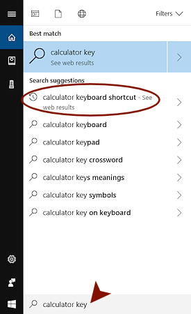 Search for calculator keyboard shortcuts