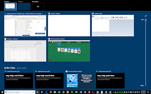 Task View shows thumbnails of all open applications (Win10)