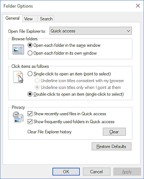 Dialog: Folder Options > General tab (Win10)