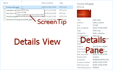 Details show in Details pane at the right (Win10)