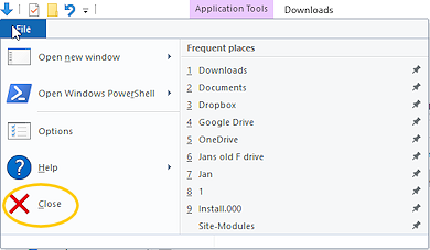 File Explorer: File tab > Close (Win10CU)