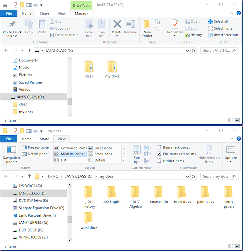 Two File Explorer windows showing Class disk contents and contents of folder my docs (Win10)