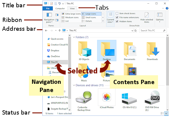File Explorer in default view- labeled (Win10)