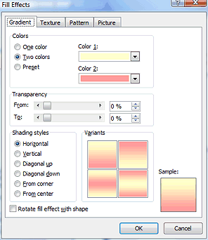 Dialog: Fill Effects > Gradient - tan and pink colors (Word 2007)