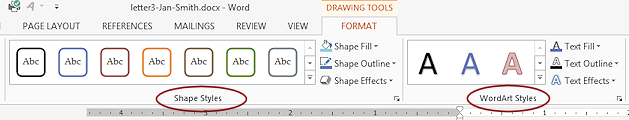 Ribbon: Drawing Tools - Format > Shape Styles & WordArt Styles (Word 2013)