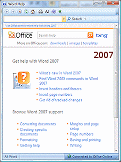Help: initial Search window (Word 2007)