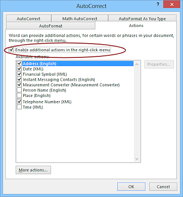 Dialog: AutoCorrect - Actions tab (Word 2013)