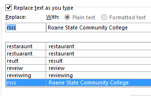 Dialog: AutoCorrect - rscc to Roane State Community College (Word 2013)