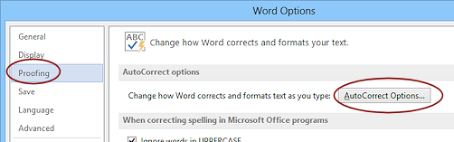 Dialog: Word Options - AutoCorrect Options button (Word 2013)