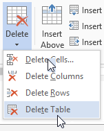 Button: Delete > Delete Table (Word 2013)