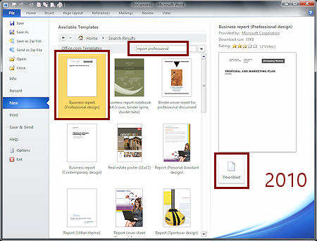 Pane: New > M search results > Business report (Professional design) (Word 2010)