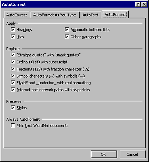 Dialog - AutoCorrect, AutoFormat tab