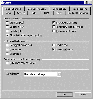 Options dialog - Print tab