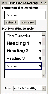 Task Pane: Styles and Formatting