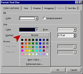 Dialog- Format Text Box - Colors and Lines - palette