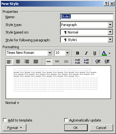 Dialog: New Style, Word 2002